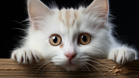 Kitten head with paws up peeking over blank white sign placardの素材