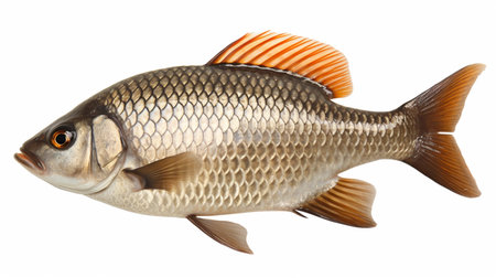 Isolated crucian carp, a kind of fish from the side. Live fish with flowing fins. River fishの素材