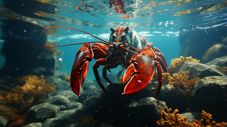 Lobster under water on a rocky bottomの素材
