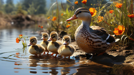 Mallard female with little ducklings in a living nature on the river on a sunny dayの素材