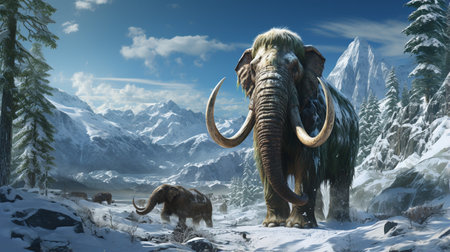 mammoth trudges over snow covered hills. mountains with snow covered peaks riseの素材