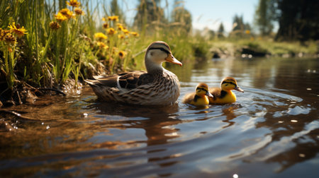 Mallard female with little ducklings in a living nature on the river on a sunny dayの素材