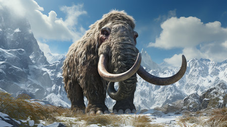 Woolly mammoth set in a winter scene environment. mammoth trudges over snow covered hillsの素材