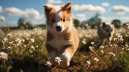 Miniature shetland breed dog running in the field in summer. Playful happy cute smiling puppyの素材