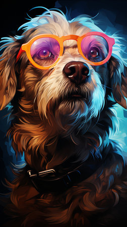 Neon Dog In Glasses. Multicolored neon retro portrait of a dog with glassesの素材