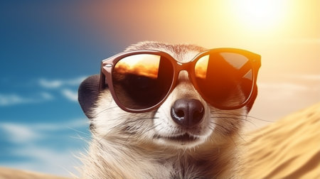 Meerkat in sunglasses shade glasses. Meerkat face close upの素材