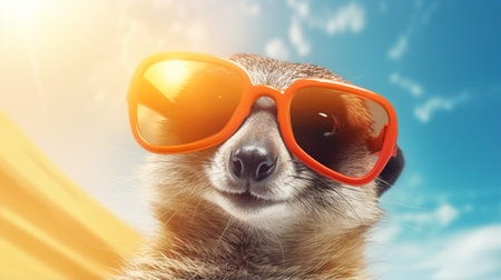 Meerkat in sunglasses shade glasses. Meerkat stares directly into the lensの素材