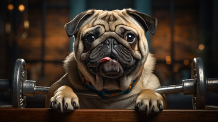 pug dog as personal trainer lifting a very heavy dumbbell bar having trouble with itの素材