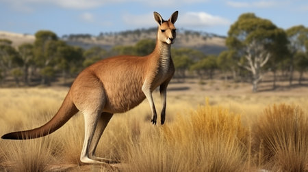 Red Kangaroo standing up in grasslandsの素材