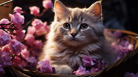 stripped kitten is sitting in a basket full of spring lilacs and look at cameraの素材