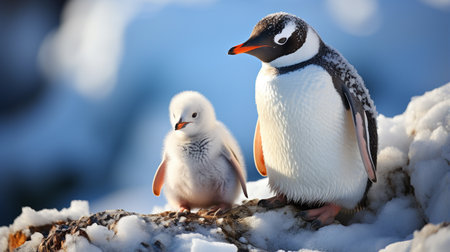 Strongest Gentoo Penguin Cute Funny Baby Chick Mummy Mom Penguins Colony Wildlife Birdsの素材
