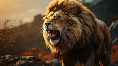 snarling lion on a rock. Lioness on the rock. Latin name Panthera leoの素材