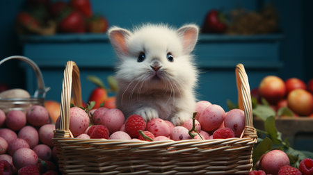 White Easter bunny rabbit with shopping basketの素材