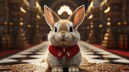 white rabbit sitting on hexagon podium, red doors in the back and golden oriental styleの素材