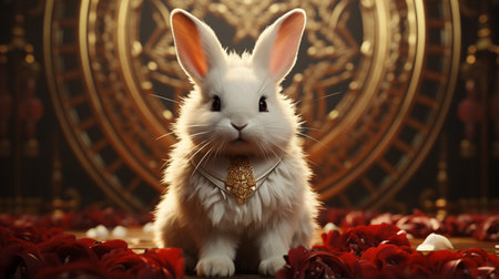 white rabbit sitting on hexagon podium, red doors in the back and golden oriental styleの素材