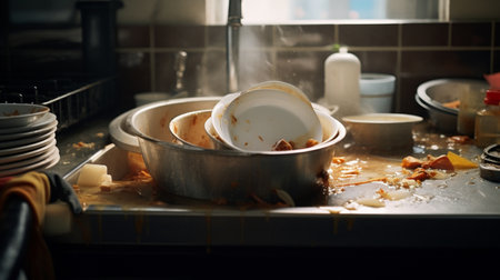 Metal sink full of dirty dishes, crockery, tableware. Generative AIの素材