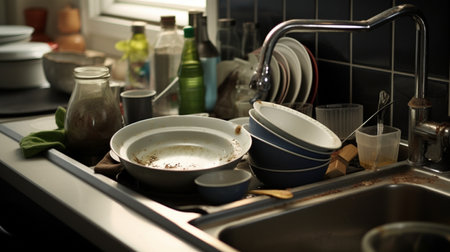 Metal sink full of dirty dishes, crockery, tableware. Generative AIの素材