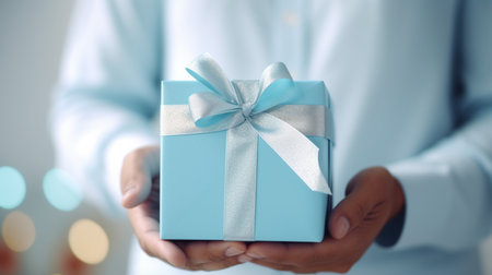a father receives a gift box with a bow from the hands of his children in close-up. Generative AIの素材