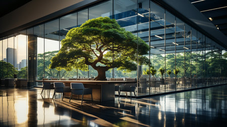 Sustainable green building Eco-friendly building with tree for reducing carbon dioxide Generative AIの素材