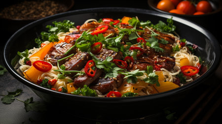 Stir fry noodles with vegetables and beef in black bowl. Slate background. Generative AIの素材