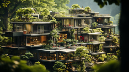 Sustainable green building Eco-friendly building with tree for reducing carbon dioxide Generative AIの素材