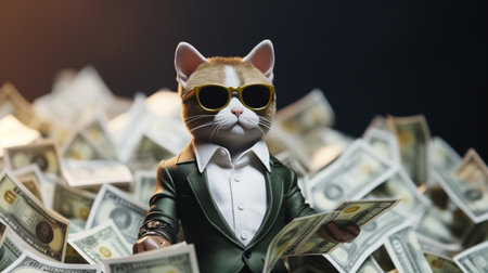 cat wearing CEO uniforms and sunglasses, lying on his back. Generative AIの素材