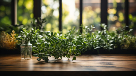 Empty wooden table or wooden desk with tea plantation nature background, green leaves. Generative AIの素材