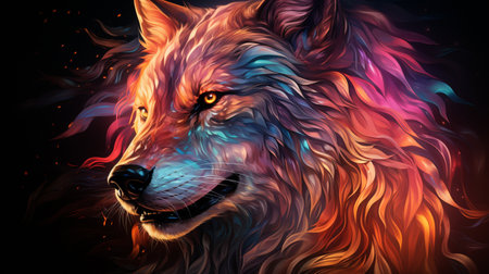 colorful wolf head on neon light art style. Generative AIの素材