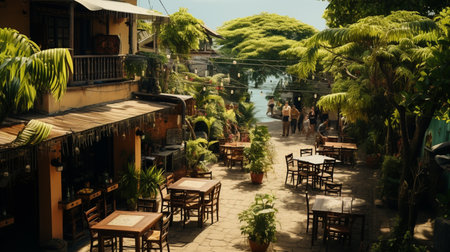 Wooden chairs and tables on the street in the tropics among the foliage. Generative AIの素材