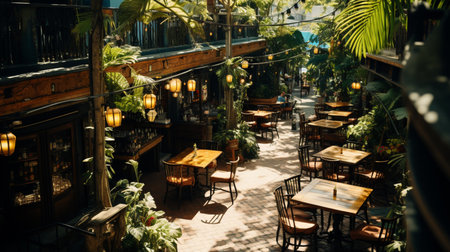 Wooden chairs and tables on the street in the tropics among the foliage. Generative AIの素材