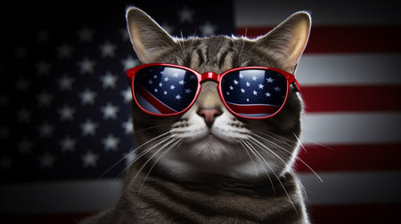 the funny cat wearing american flag motif sunglasses. Generative AIの素材