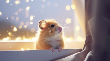 adorable hamster looking to the starry sky from window on the bed room background. Generative AIの素材