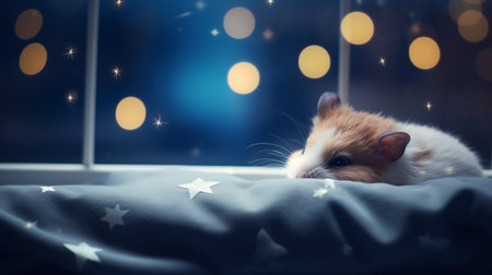 adorable hamster looking to the starry sky from window on the bed room background. Generative AIの素材