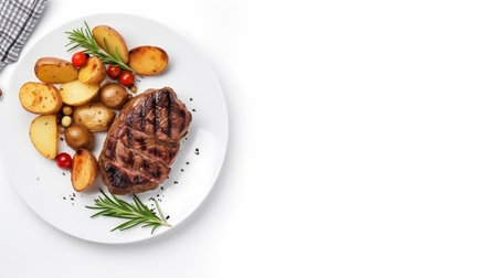 grilled beef steak and potatoes on plate isolated on white background, top view. Generative AIの素材