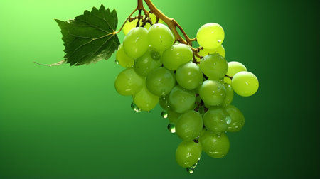 Green background with grapes and leaves. Green grapes in fly on green backgroundの素材