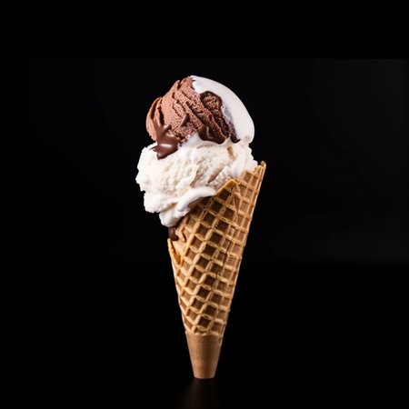 Ice cream chocolate scoop on waffle cone on white background. Chocolate Ice Cream Coneの素材