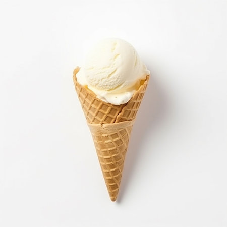 Ice cream vanilla scoop on waffle cone on white backgroundの素材