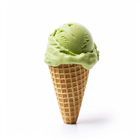 Ice cream matcha scoop on waffle cone on white background. Green tea Matcha soft ice cream in a coneの素材