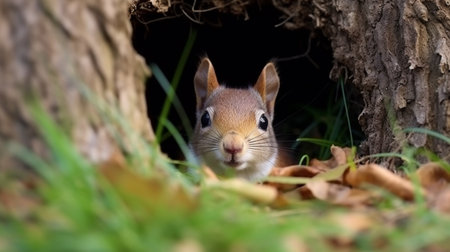 squirrel in park hide and seek. squirrel sits in the tree hollowの素材
