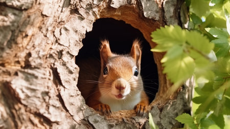 squirrel sits in the tree hollow and eat the nutの素材