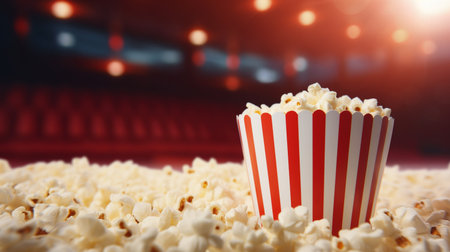 Popcorn at the movies. Striped popcorn box container. bucket with pop cornの素材