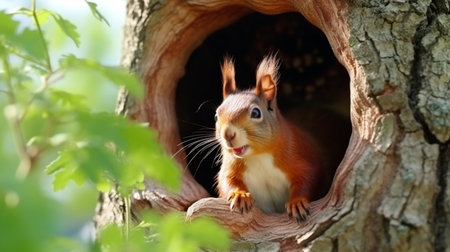 squirrel sits in the tree hollow and eat the nutの素材