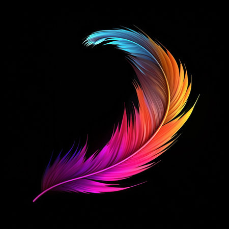 Abstract feather cendrawasih bird, black background, 2d cartoon style, glowing in the darkの素材