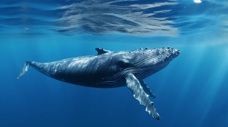 A Baby Humpback Whale Plays Near the Surface in Blue Waterの素材