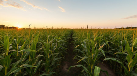 A field of corn at dusk Corn, Brilliant orange sunrise over a Corn fieldの素材
