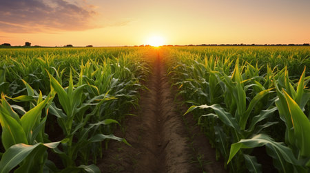 A field of corn at dusk Corn, Brilliant orange sunrise over a Corn fieldの素材