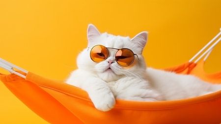 adorable white cat in sunglasses and an orange shirt, lies on a yellow fabric hammock, isolatedの素材