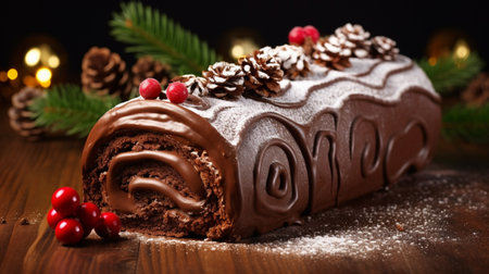 Traditional Christmas cake, chocolate Yule log with festive decorations. Generative AIの素材