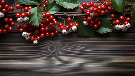 Wooden new year background, white surface, green tree, red berries. Generative AIの素材