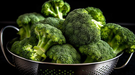Boiled broccoli on a metal tray. Healthy vegetarian diet food. Top view. Generative AIの素材